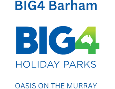 Barham Caravan Park logo featuring a cabin, a tent, and a stylised tree